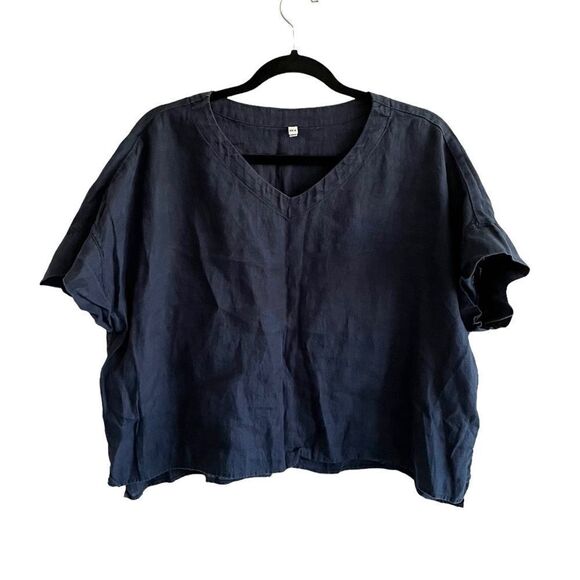 LINEN Oversized Cropped V-Neck Short Sleeve Blouse Top Navy Blue XS/S - Picture 1 of 3